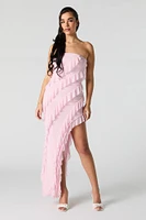 Ruffled Asymmetrical Strapless Maxi Dress
