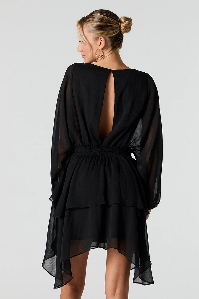 Mesh Tiered Long Sleeve Flowy Mini Dress