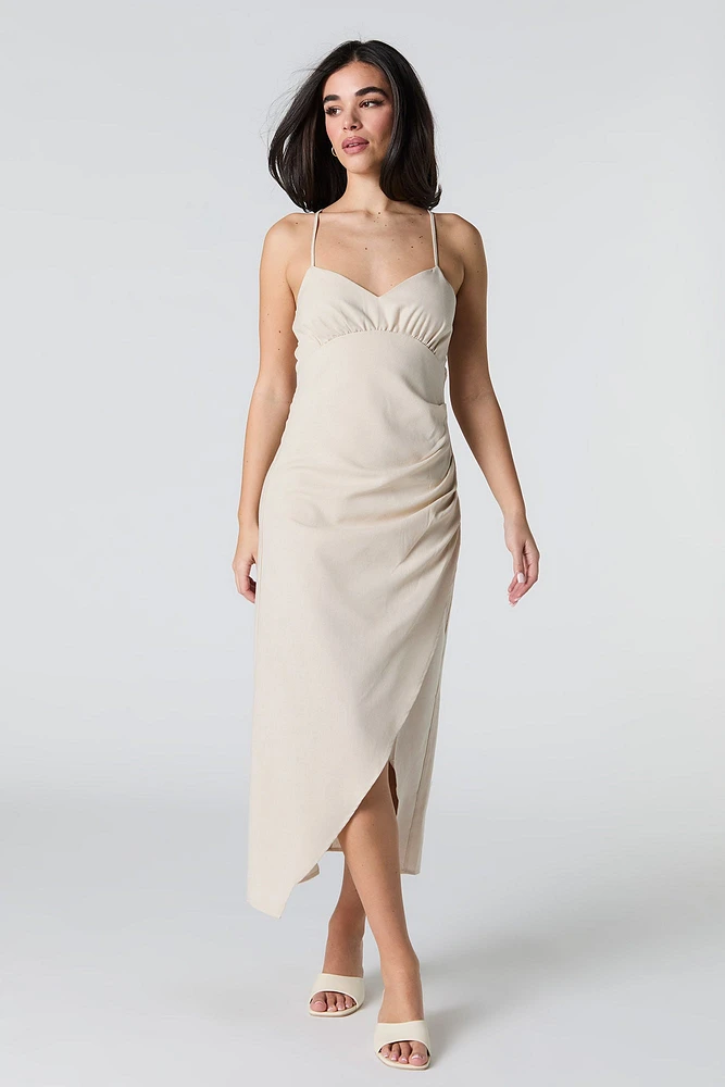 Linen-Blend Strappy Back Midi Slit Dress