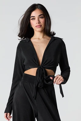 Accordion Pleated Tie Back Long Sleeve Top