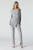 Ribbed Asymmetrical Slit Long Sleeve Top