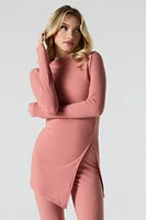 Ribbed Asymmetrical Slit Long Sleeve Top