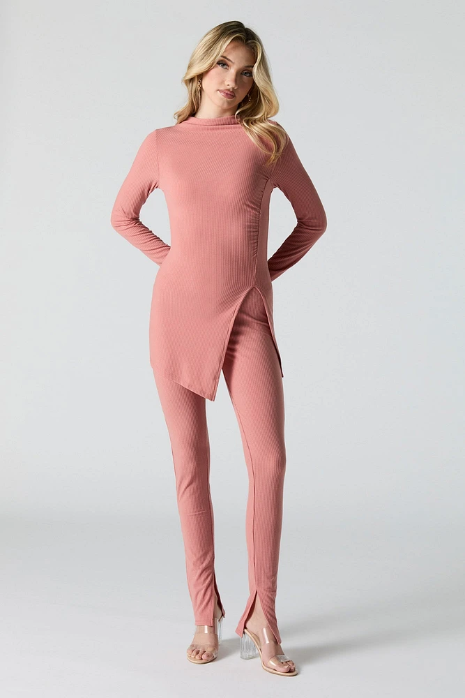 Ribbed Asymmetrical Slit Long Sleeve Top