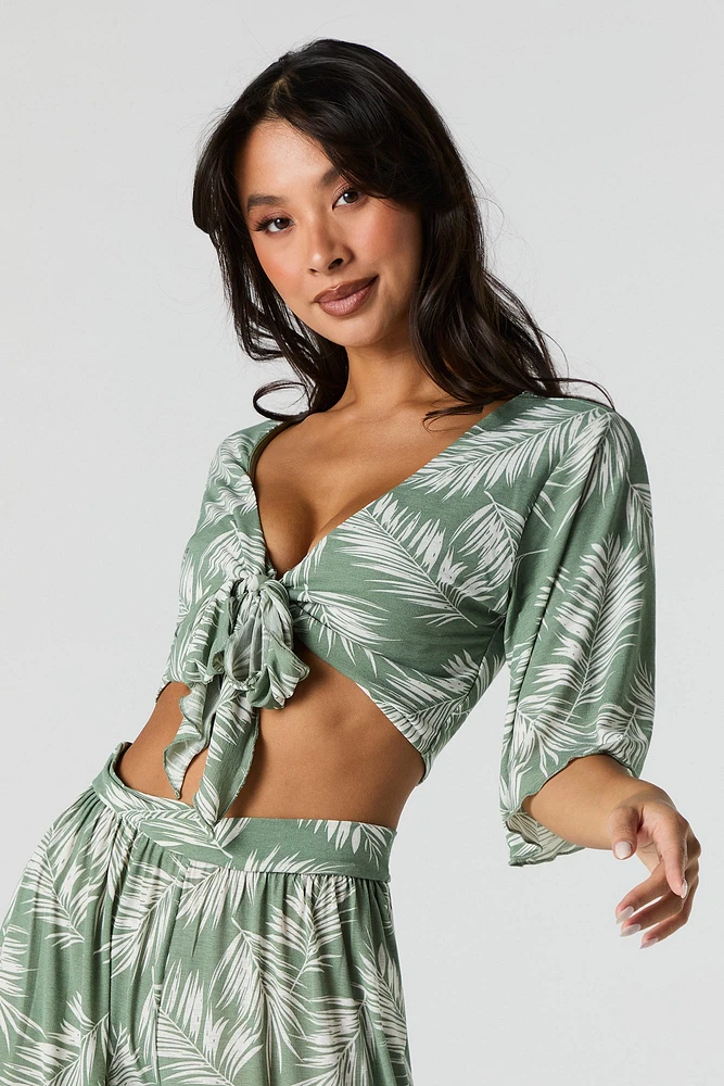 Leaf Print Tie Front Crop Top