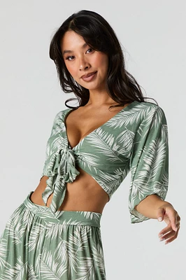 Leaf Print Tie Front Crop Top