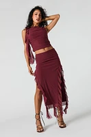 Ruffle Mesh Slit Midi Skirt