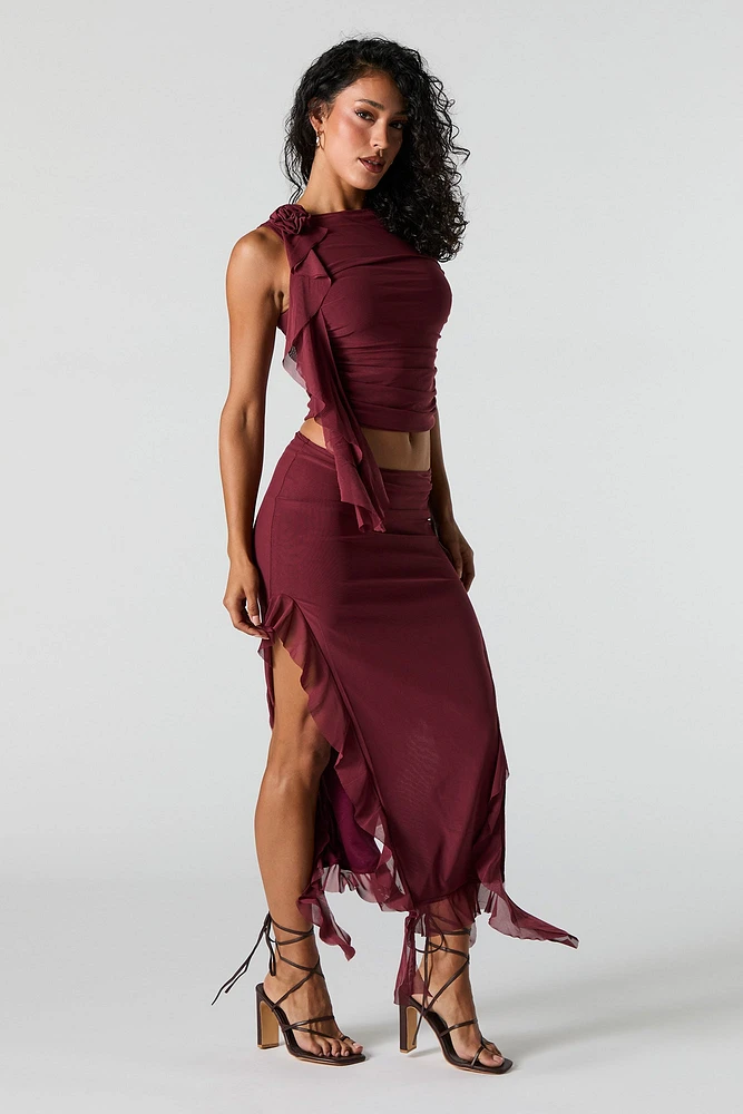 Ruffle Mesh Slit Midi Skirt