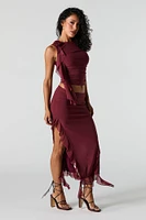 Ruffle Mesh Slit Midi Skirt