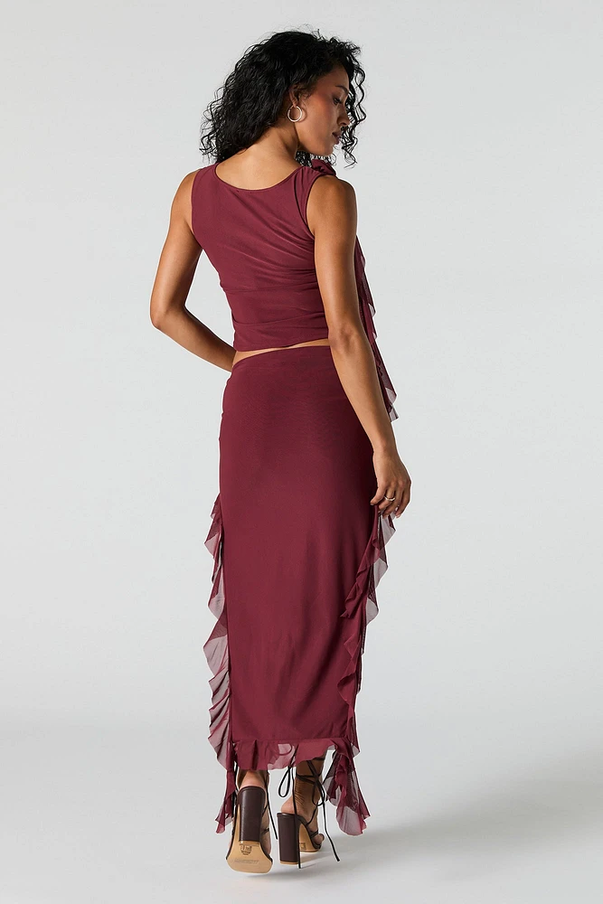 Ruffle Mesh Slit Midi Skirt
