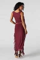 Ruffle Mesh Slit Midi Skirt