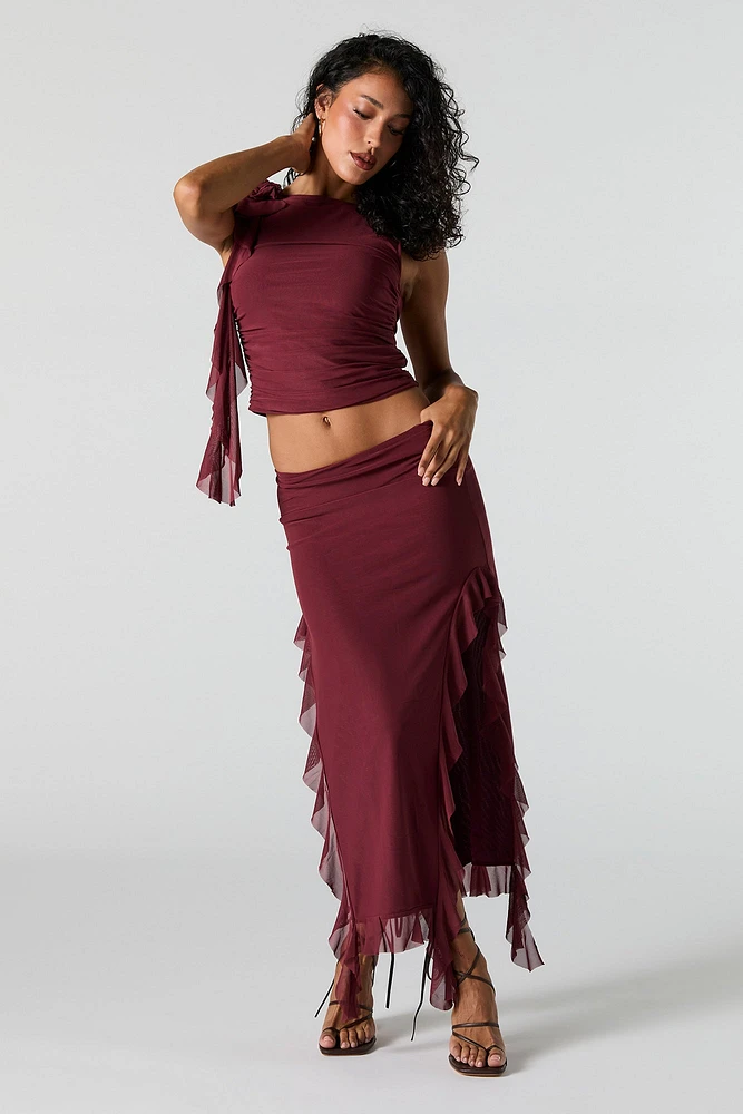Ruffle Mesh Slit Midi Skirt