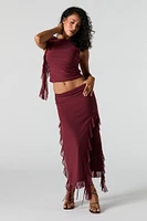 Ruffle Mesh Slit Midi Skirt