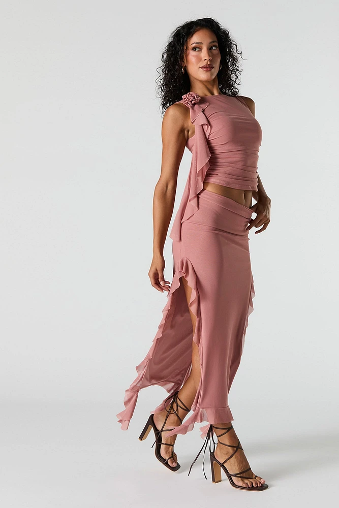 Ruffle Mesh Slit Midi Skirt