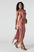 Ruffle Mesh Slit Midi Skirt