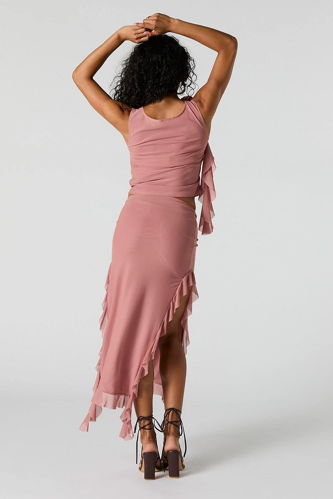 Ruffle Mesh Slit Midi Skirt