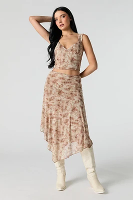 Printed Mesh Asymmetrical Midi Skirt