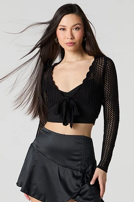 Scalloped Open Knit Self-Tie Cardigan