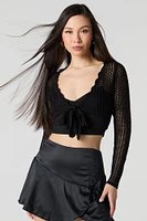 Scalloped Open Knit Self-Tie Cardigan