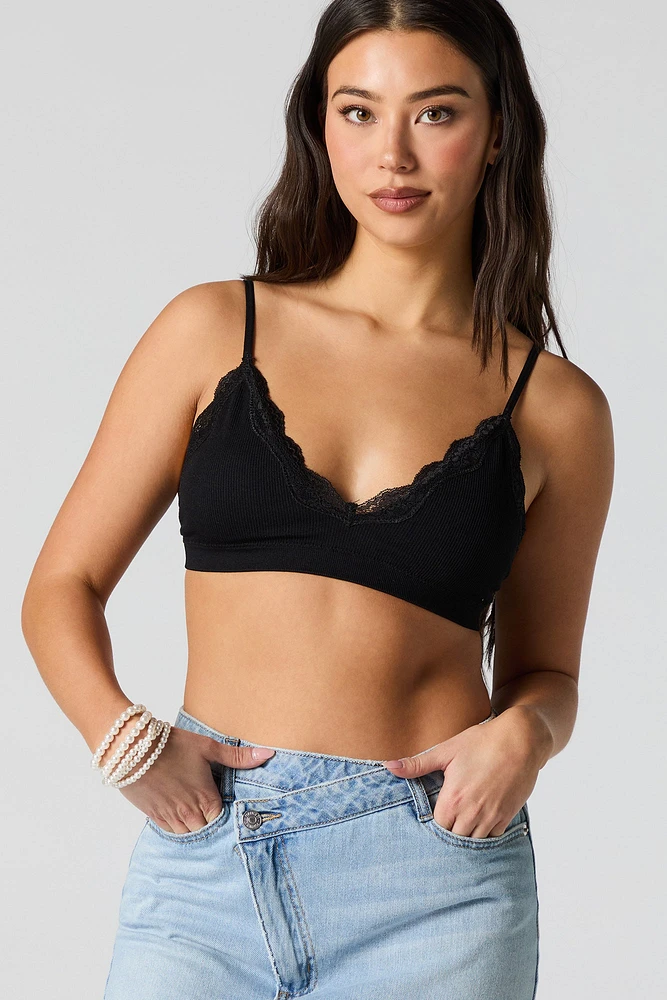 Bralette côtelée avec liséré de dentelle