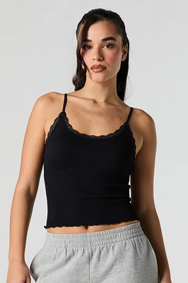 Seamless Ribbed Lace Trim Scoop Neck Tank