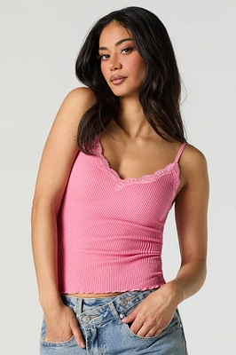 Camisole côtelée sans couture à bordure de dentelle et ourlet ondul