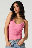 Camisole côtelée sans couture à bordure de dentelle et ourlet ondul