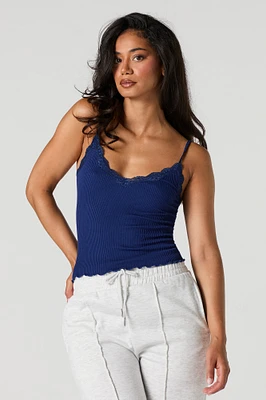 Camisole côtelée sans couture avec liséré de dentelle
