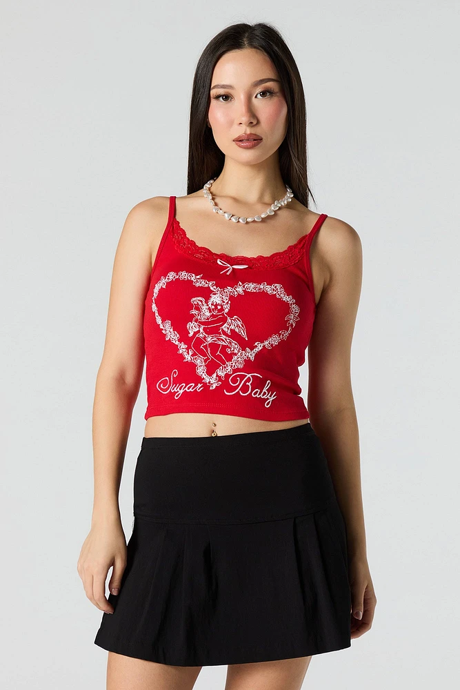 Ribbed Embroidered Lace Trim Tank
