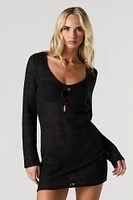 Crochet Cut-Out Long Sleeve Mini Cover Up