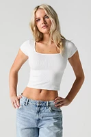 Ribbed Square Neck Cropped Cap Sleeve Top