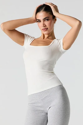 Ribbed Square Neck Fitted T-Shirt