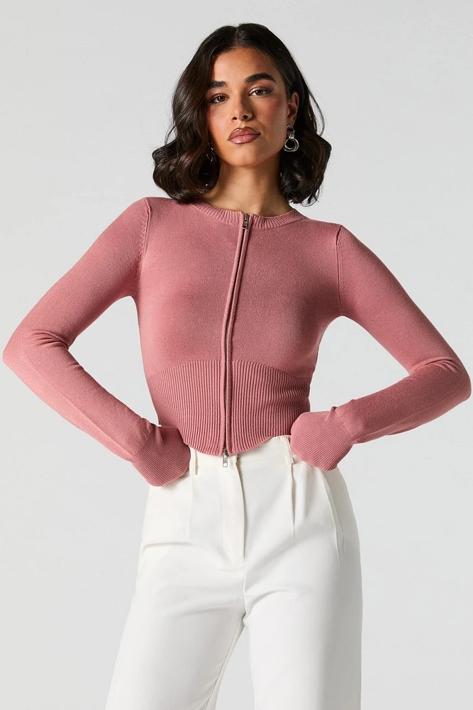 Zip-Up Curved Hem Sweater