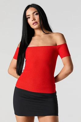 Ribbed Knit Off Shoulder Short Sleeve Top