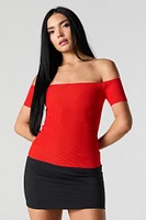 Ribbed Knit Off Shoulder Short Sleeve Top