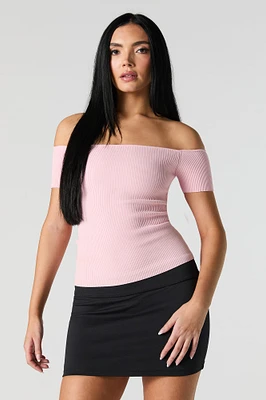 Ribbed Knit Off Shoulder Short Sleeve Top