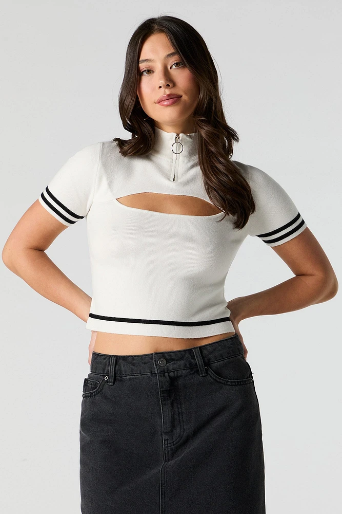 Contrast Striped Mock Neck Short Sleeve Sweater