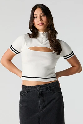 Contrast Striped Mock Neck Short Sleeve Sweater