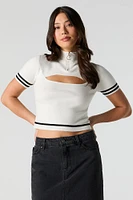 Contrast Striped Mock Neck Short Sleeve Sweater