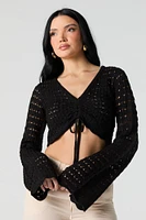 Crochet Drawstring Long Sleeve Crop Top