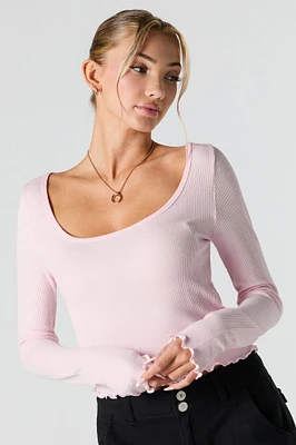 Haut en tricot gaufré à manches longues avec encolure dégagée