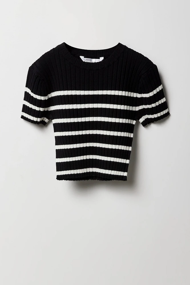 Girls Striped Ribbed Knit T-Shirt