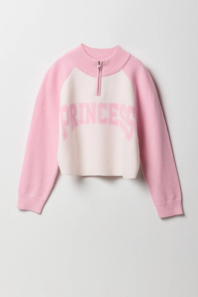 Chandail en tricot jacquard avec blocs de couleurs et quart fermeture à glissière pour fille