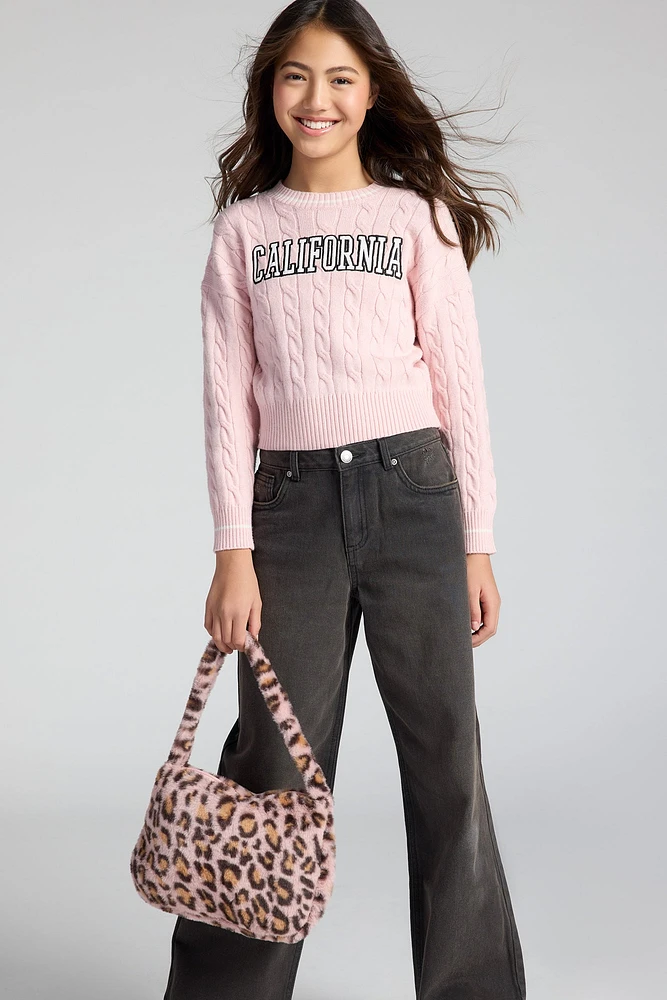 Girls Cable Knit Contrast Embroidered Sweater