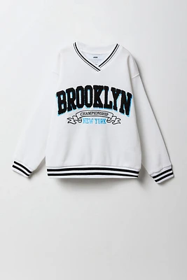 Girls Oversized Chenille Embroidered Fleece V-Neck Sweatshirt