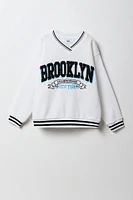 Girls Oversized Chenille Embroidered Fleece V-Neck Sweatshirt
