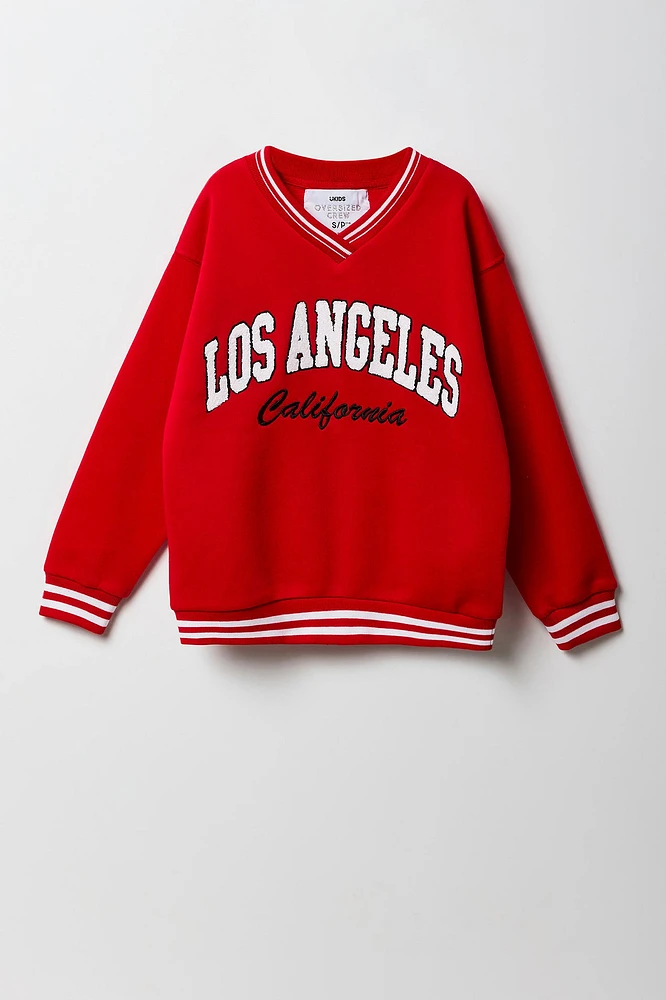 Girls Oversized Chenille Embroidered Fleece V-Neck Sweatshirt