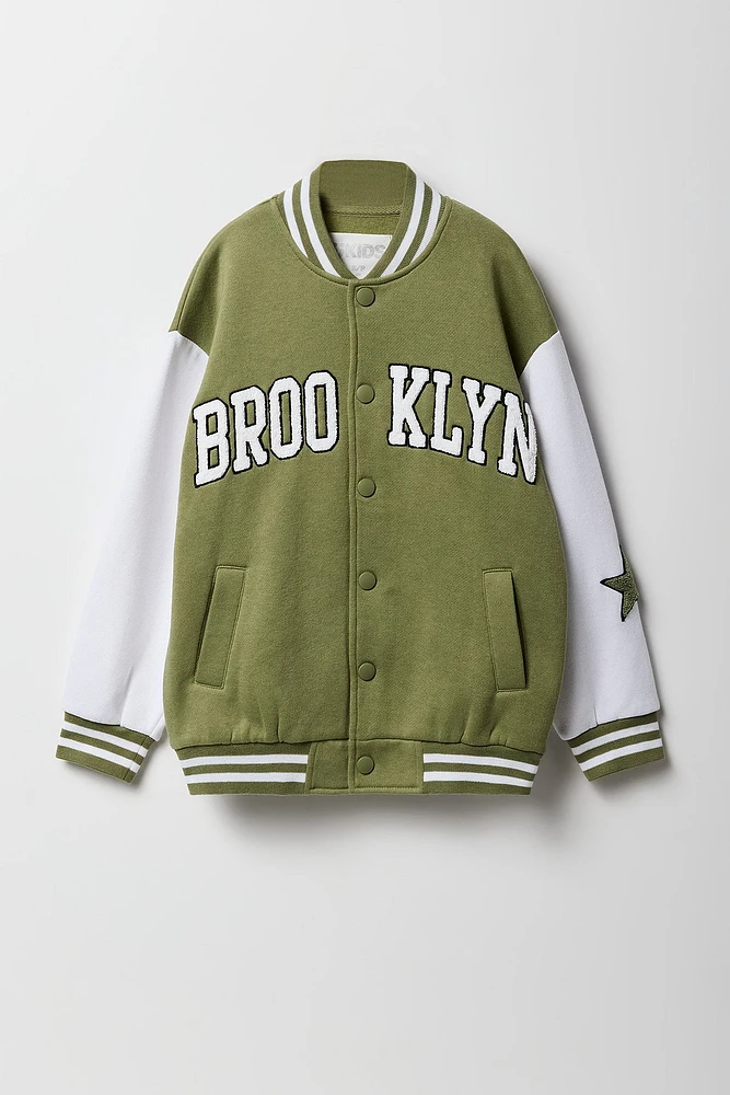 Girls Chenille Embroidered Fleece Varsity Jacket