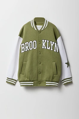 Girls Chenille Embroidered Fleece Varsity Jacket