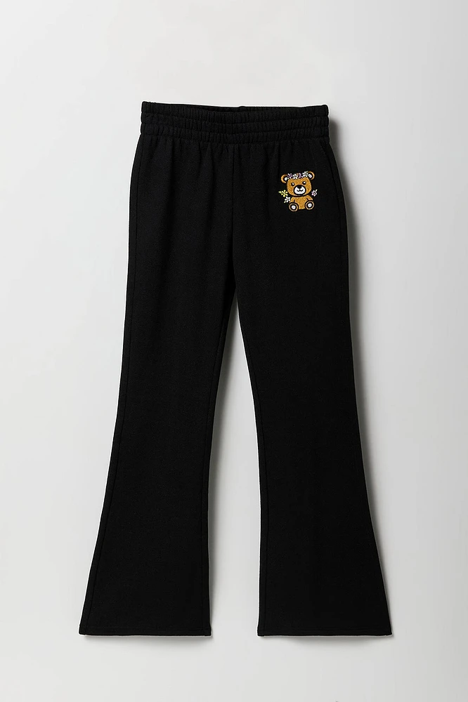 Pantalon d'entraînement à jambe large en molleton avec motid brodé pour fille