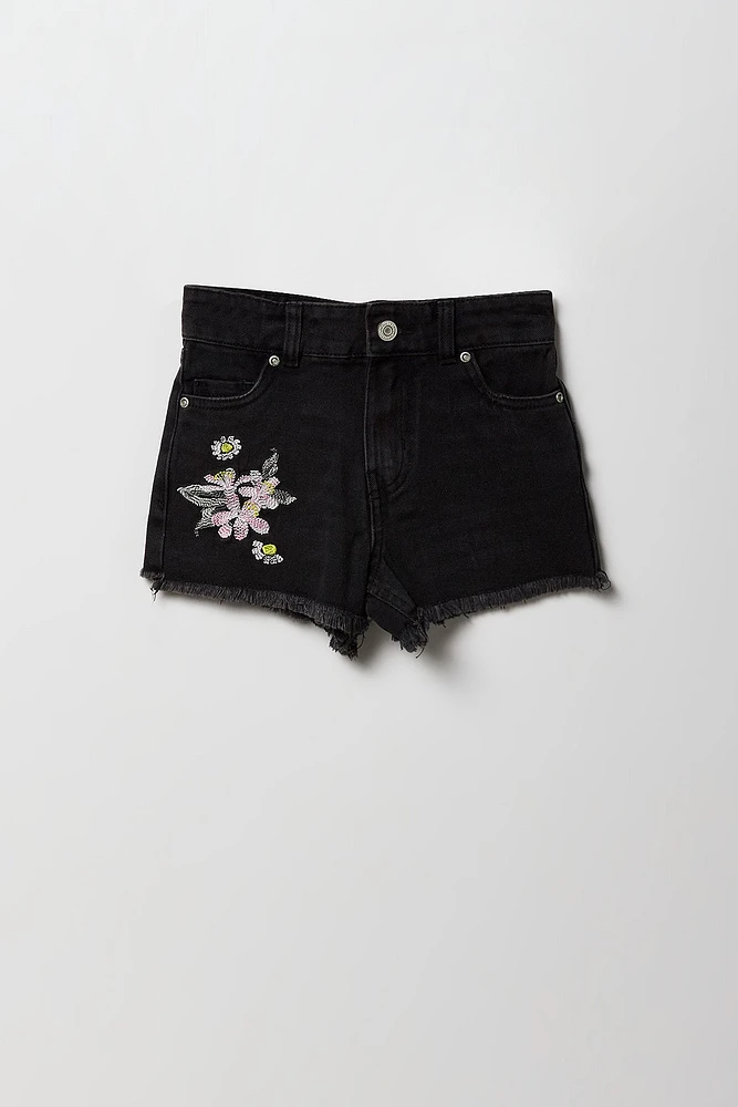 Short en denim à taille haute avec motif brodé fleuri pour fille